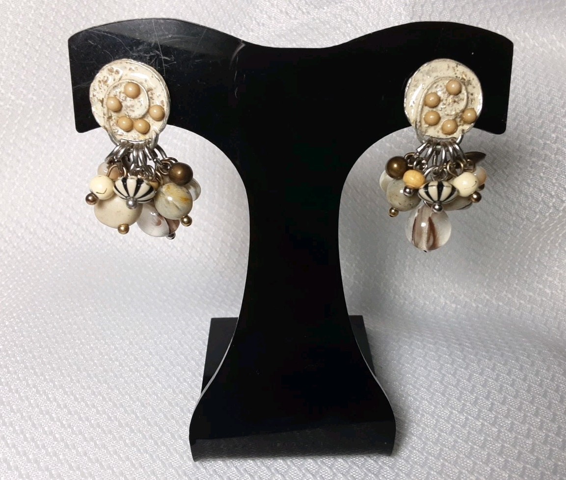 Earring Silver Tone Beige Tan Multicolor Different Shape Beaded Drop Dangle Clip