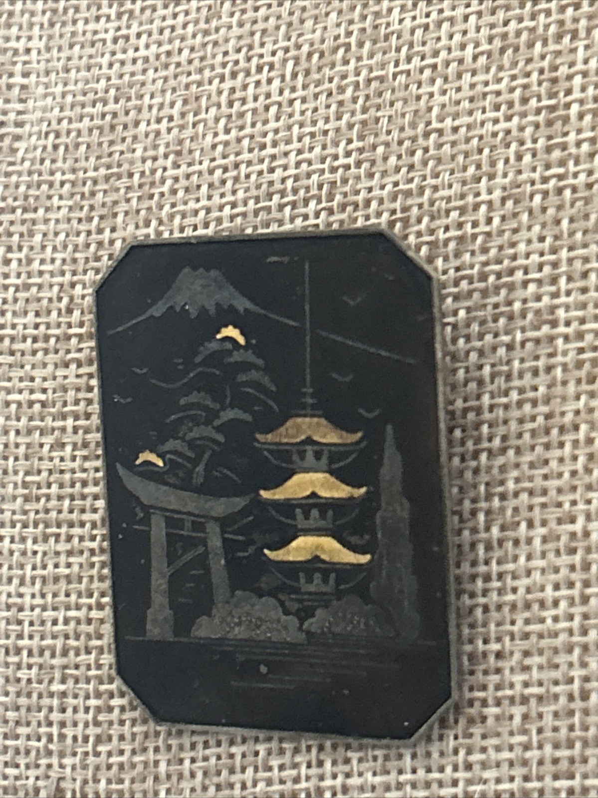 VTG Japanese Damascene 24K Gold Silver Inlay Brooch Mt Fuji Pagoda BROOCH PIN