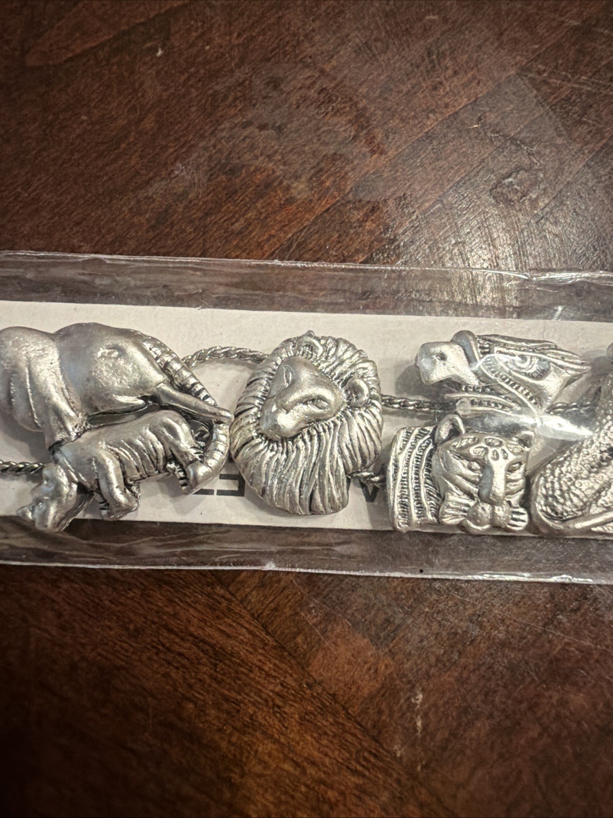 Vtg Safari Animal Slide Charm Bracelet NOS New on Card Lion Tiger Zebra Cheetah