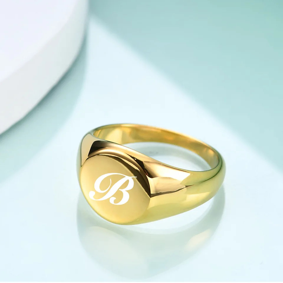 Initial Ring Gold Plated Stainless Steel Round Alphabet Signet Band Unisex