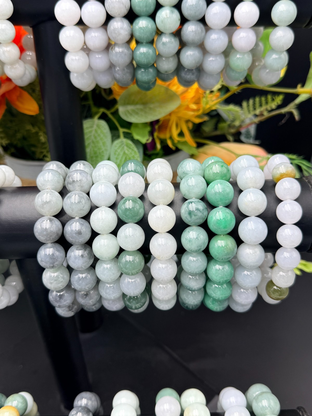 Certified Natural Jadeite Jade Beaded Bracelet Green Float FLWR 13.4 mm #100079