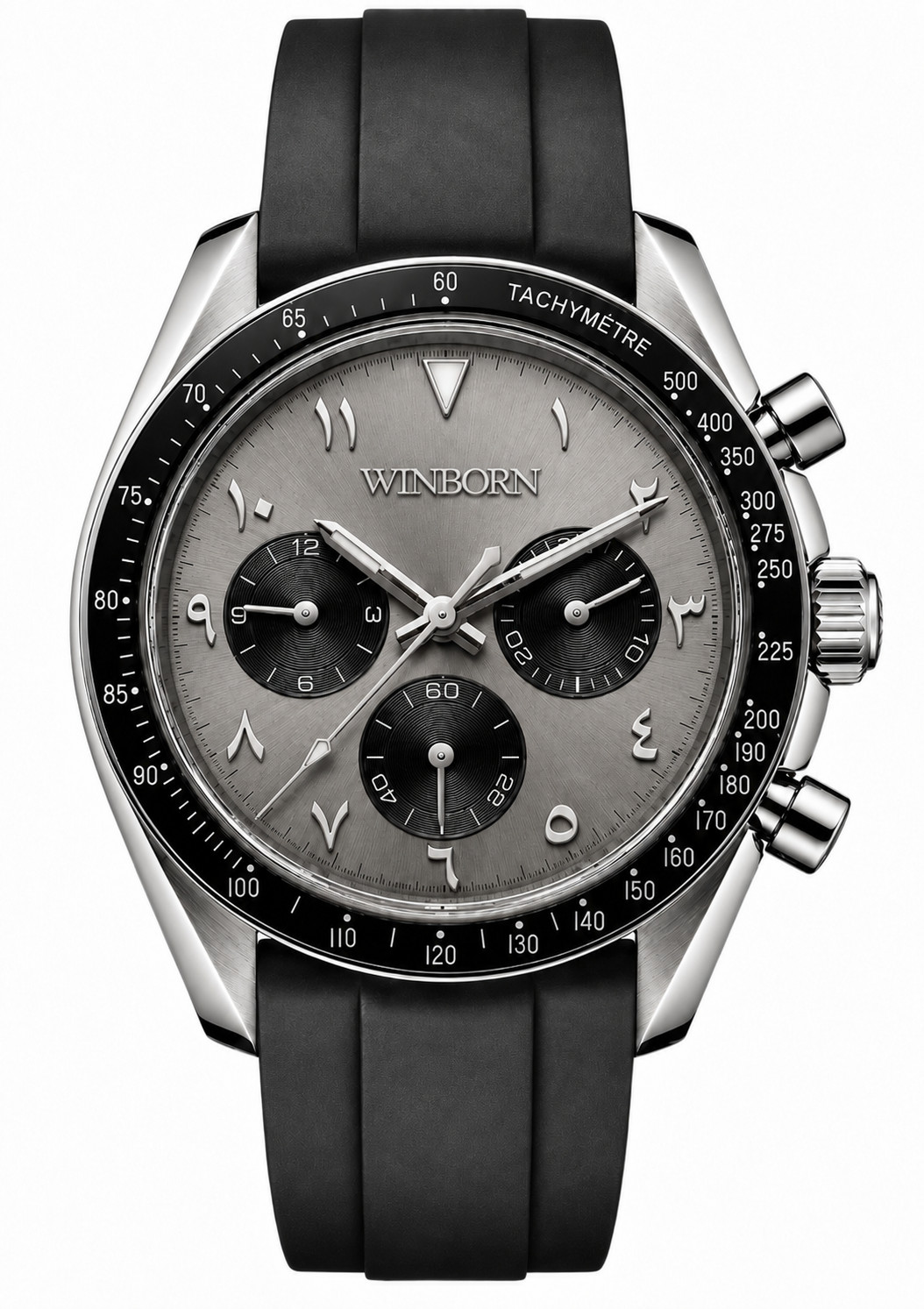 Winborn Arabic Numeral Dial Chronograph Watch Rubber Strap Tachymeter VK63 41mm