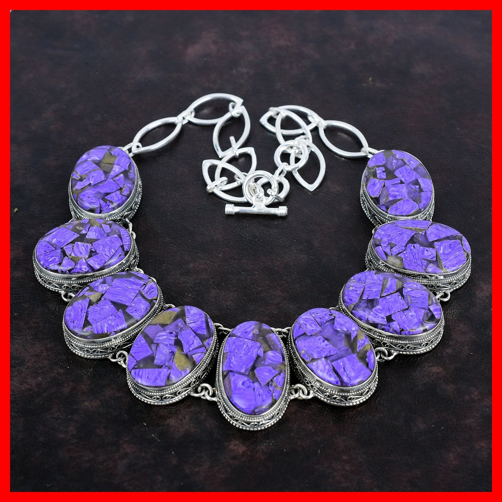 Valentines Sale Copper Charoite Stone 925 Silver Vintage Chain Artisan Necklace