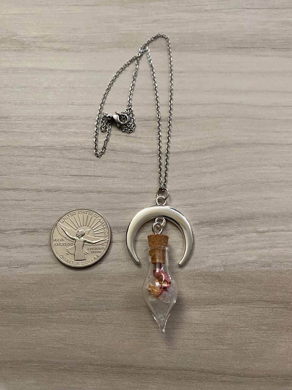Crescent Moon Necklace Vial of Salt and Rose Petals Love Protection