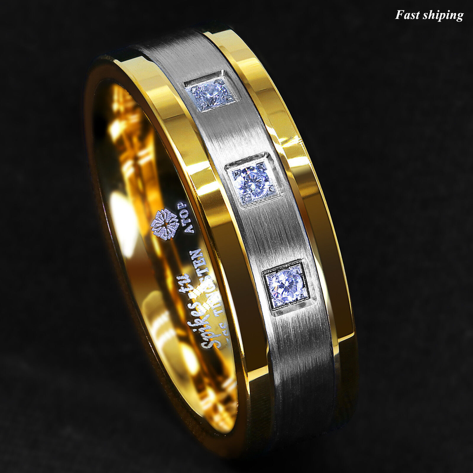 8mm Black/Gold Tungsten Ring Brushed Cubic Zirconia ATOP Men’s Wedding Band