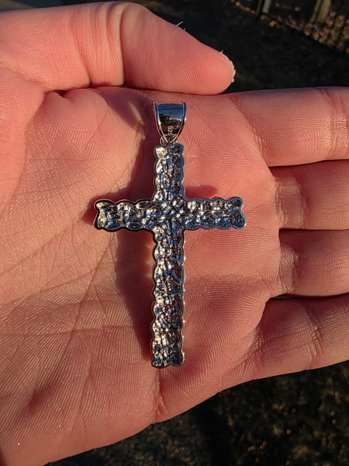 Men’s Large Nugget Cross Pendant 925 Sterling Silver Crucifix Necklace