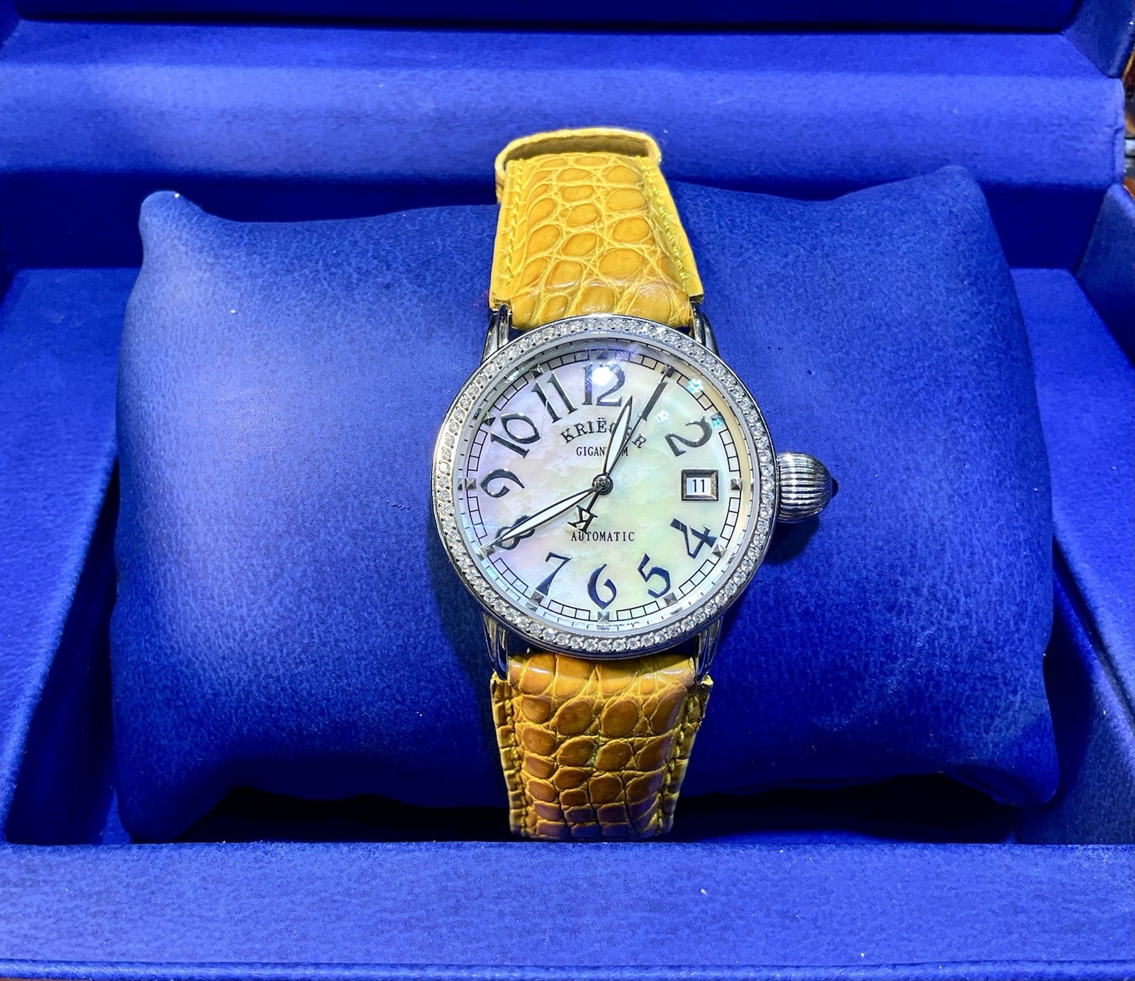 Krieger Gigantium Diamond Bezel MOP Dial Leather Strap Watch Full Set
