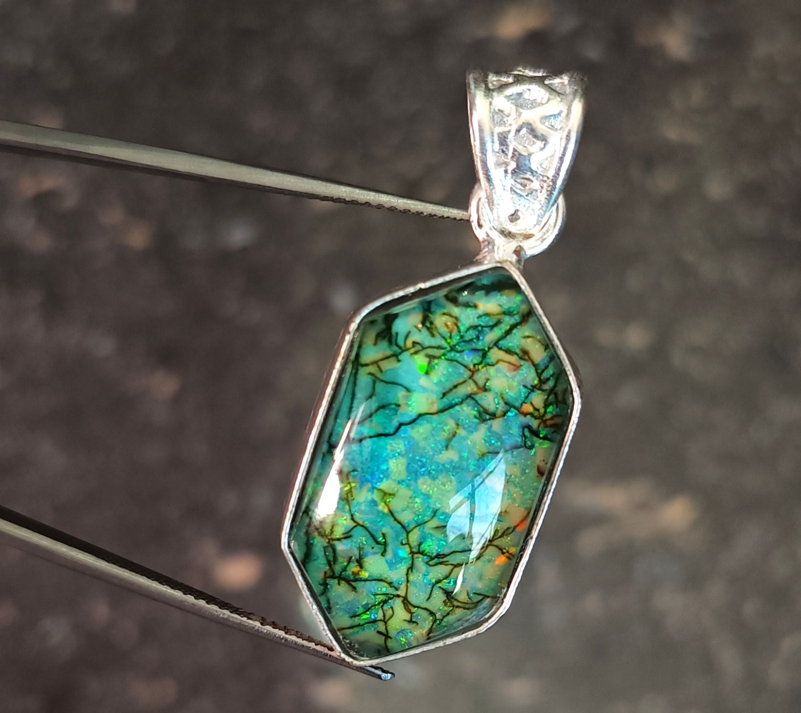32.70 Ct Natural Aurora Opal Pendant 925 Silver Handmade Jewelry Gemstone