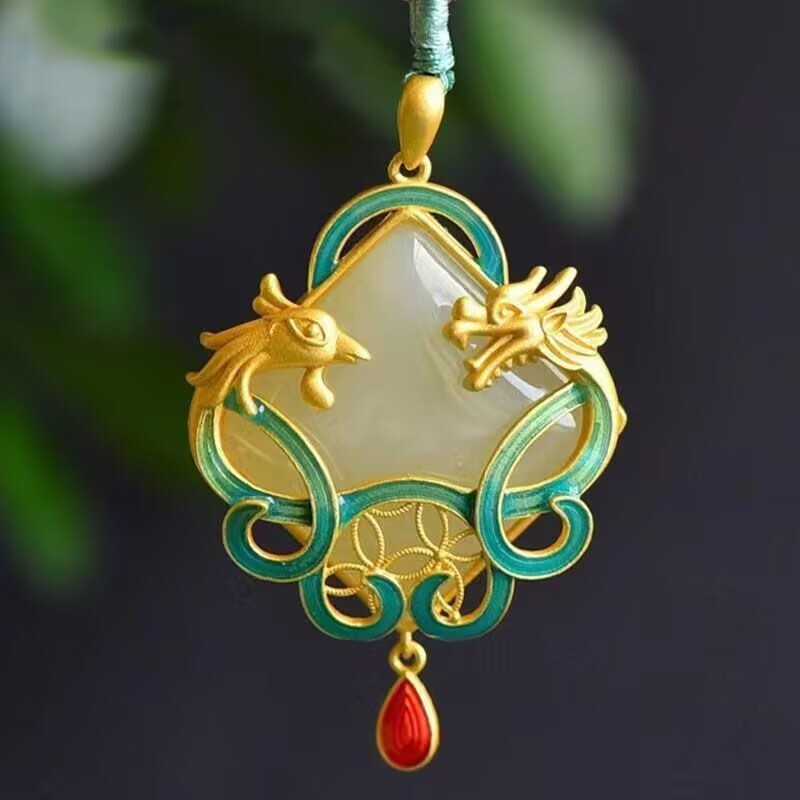 Jade Dragon Phoenix Shape Pendant Jewelry 18K Gold Plated Necklace 450mm Gift US