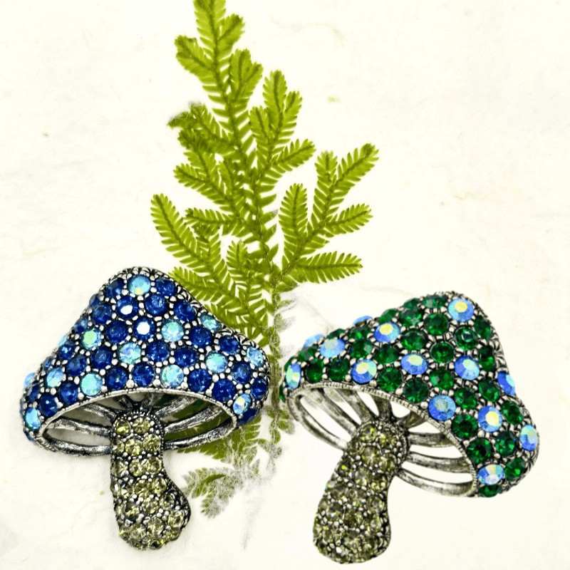 2Pcs Retro Mushroom Brooches, Glittering with Green and Blue Gemstones