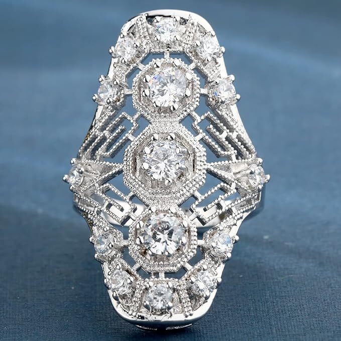 925 Stamped Sterling Silver Art Deco Filigree Vintage Ring Cubic Zirconia Stones