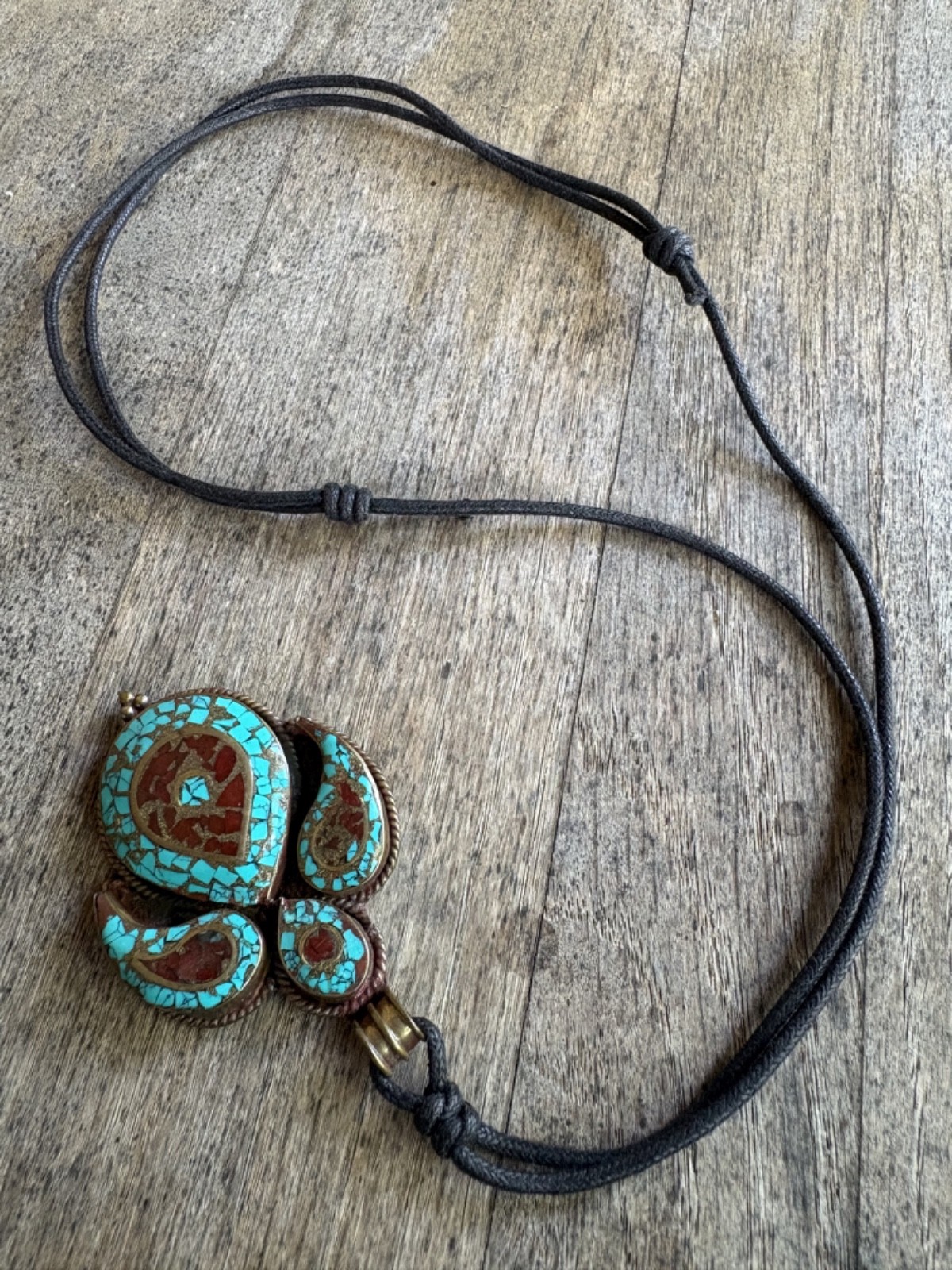 Turquoise and Coral Vintage Brass Nepalese Tibetan Pendant Necklace 26.6 grams