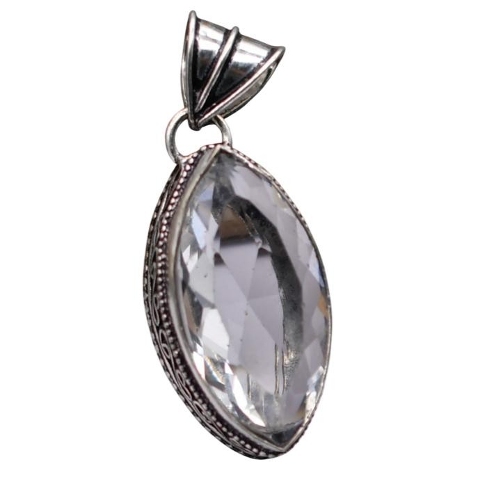 White Topaz Natural Gemstone Antique Silver Plated Pendant 2.25″ J 1548