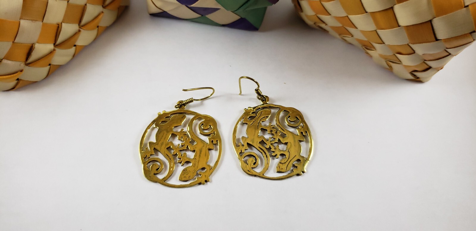 Handmade Southeast Asia Ethnic Gecko Earrings brass jewelry.