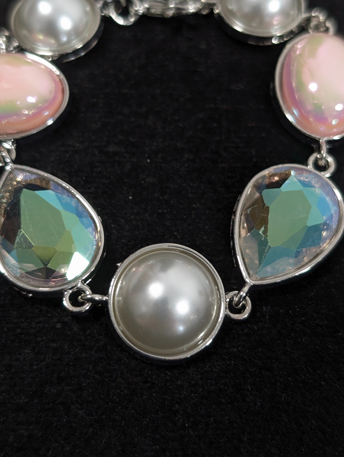 Silver Tone Pink Iridescent AB Crystal Faux Pearl Bezel Tennis Bracelet 9 in