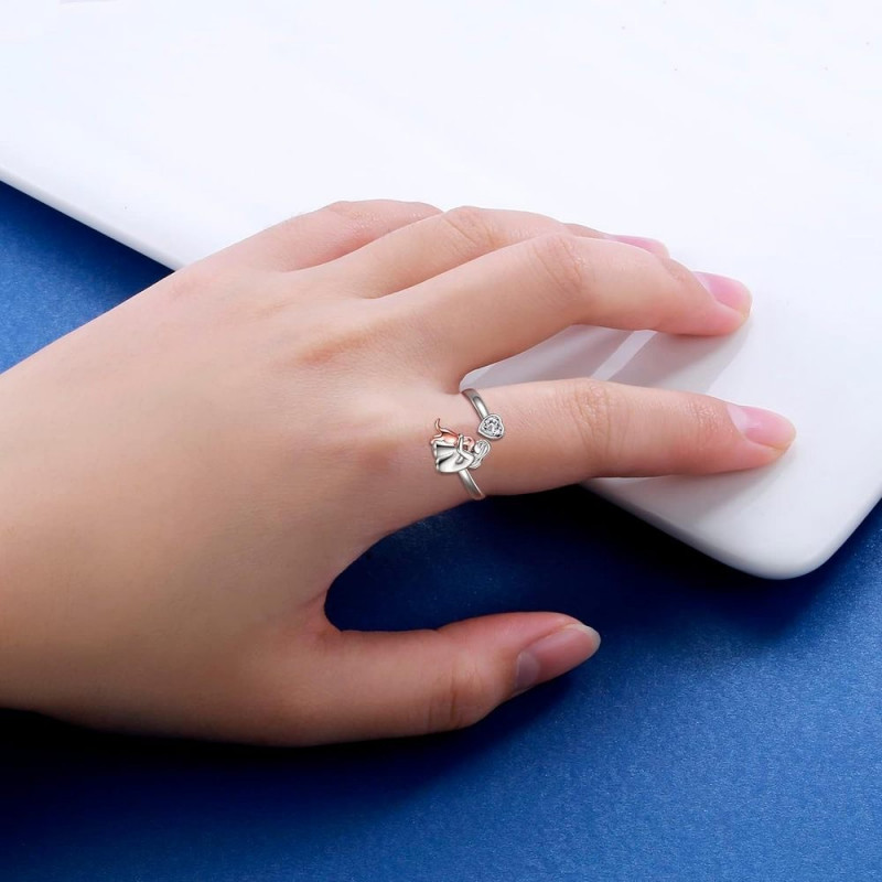 Cute Pet Dog Girl Friendship Stacking Bypass Ring in 925 Sterling Silver