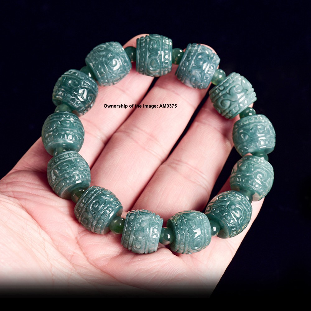 Natural Blue Water Jadeite Carved Barrel Bead Stretch Bracelet -Grade A Jade