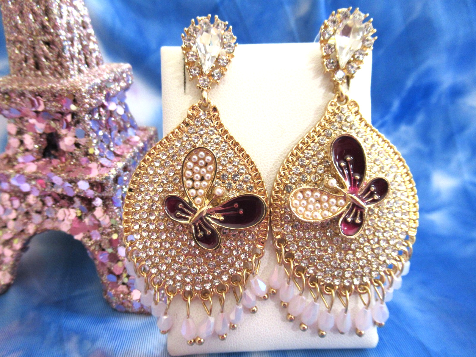 EXTRAVAGANT CRYSTAL PEARLS BEADS BUTTERFLY TEAR DROP DANGLE EARRINGS-NEW