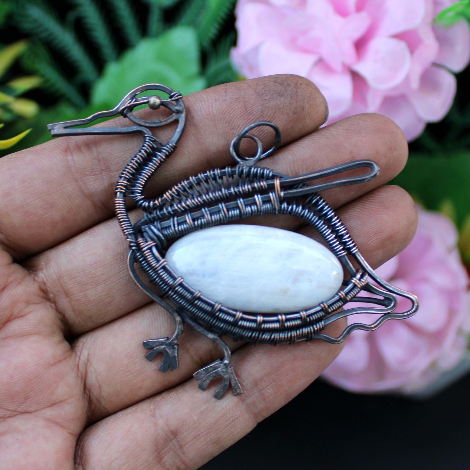 Rainbow Moonstone Jewelry Gift For Sister Copper Wire Wrapped Bird Pendant