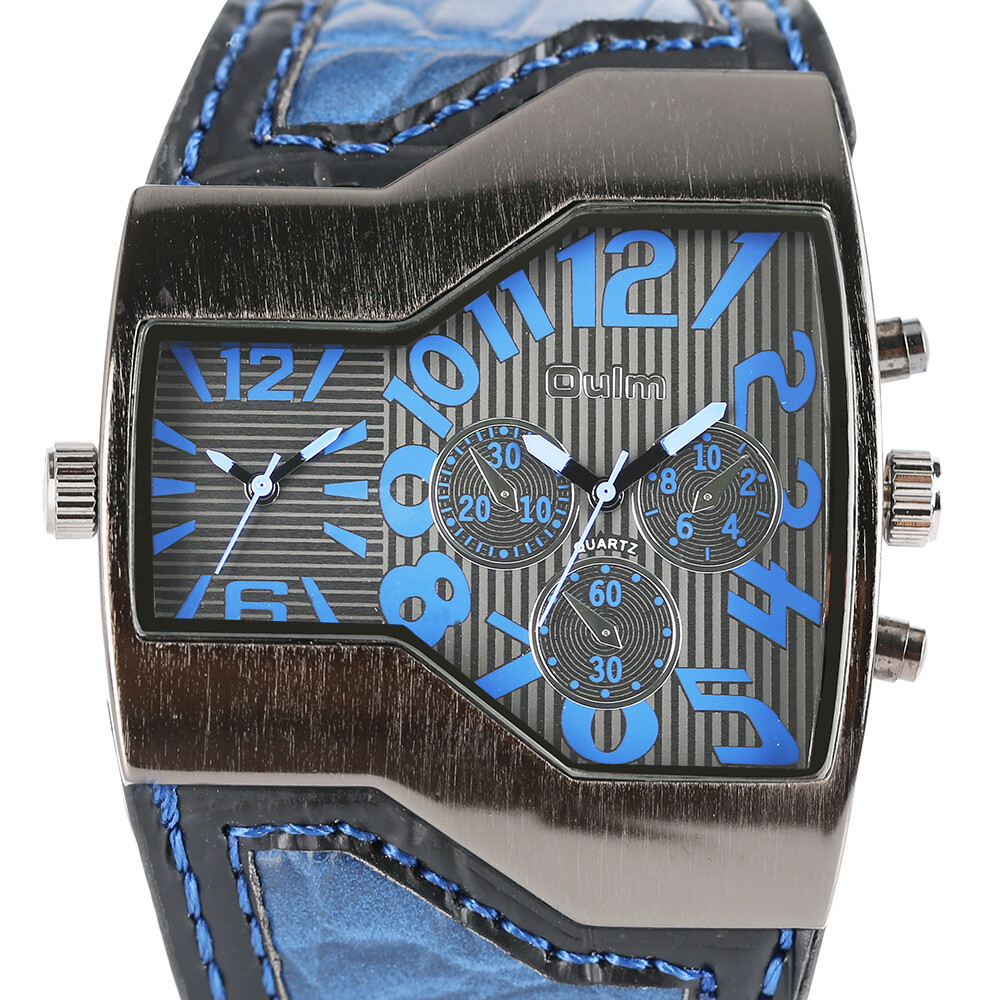 OULM Steampunk Style Two Time Zone Mens Watches PU Leather Quartz Wristwatch