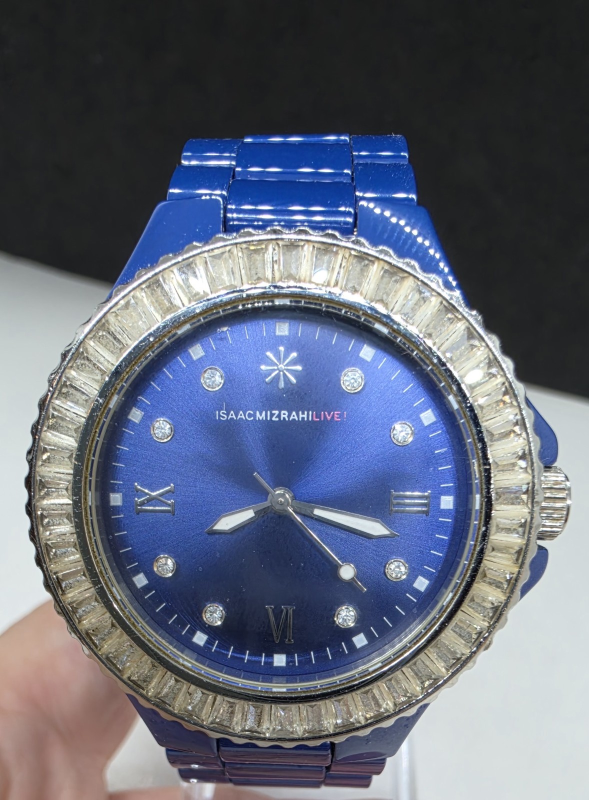 Isaac Mizrahi Live! Slate Blue w/Crystal Bezel Ceramic Link Ladies Wristwatch