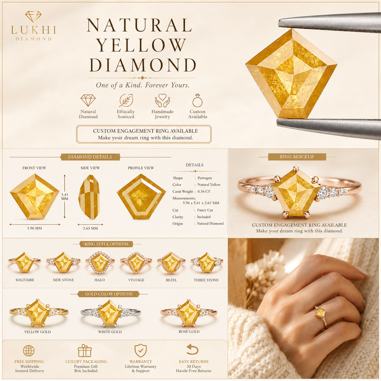 0.56 Ct Natural Loose Pentagon Shape Diamond 5.40 MM Yellow Color Diamond KQ2468