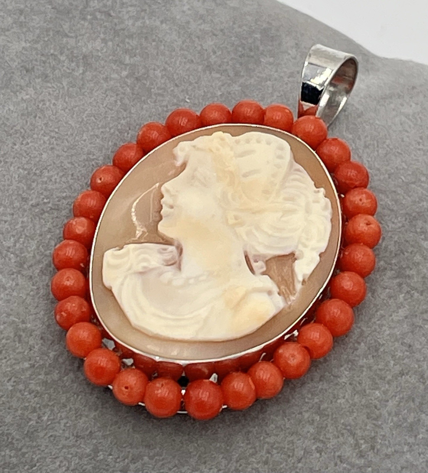 Cameo Corniola Shell Pendant 30mm Silver 925 Red Coral Handmade