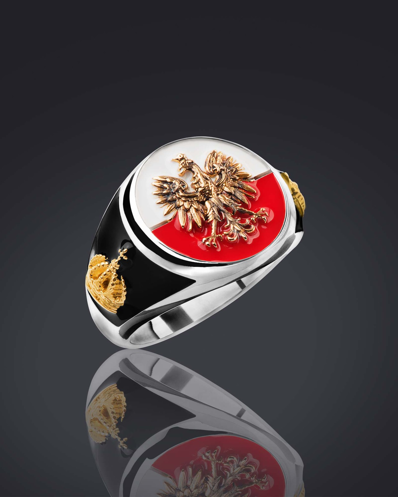 Poland Ring Polish with eagle crown Silver 925 18K-Gold-Plated Size 8-13 US