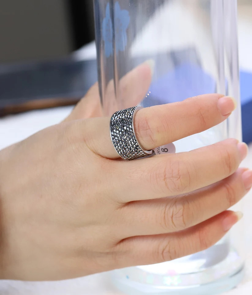 Crystal Pave Ring 8 Row Stainless Steel Gold Plated Wide Band Women Jewelry