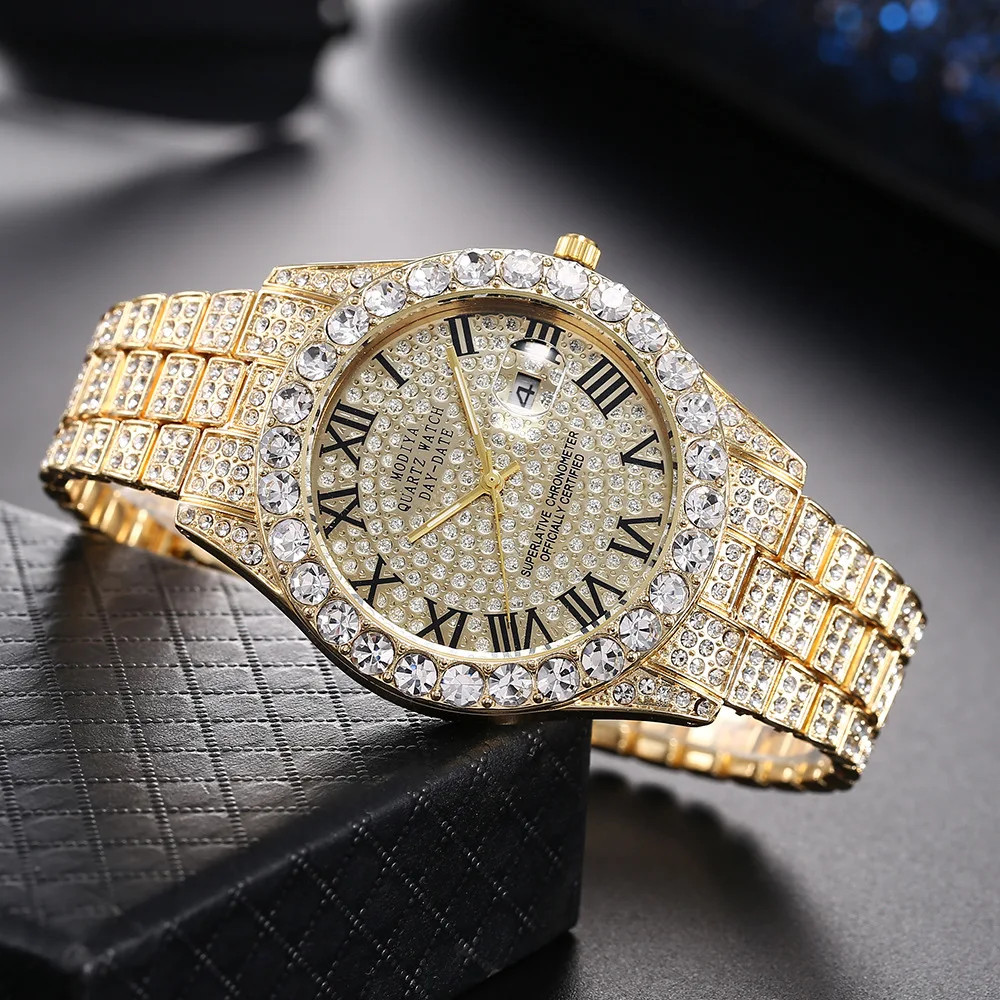 Classic Luxury Golden Men’S Steel Strap Roman Scale Rhinestone Calendar Quartz W