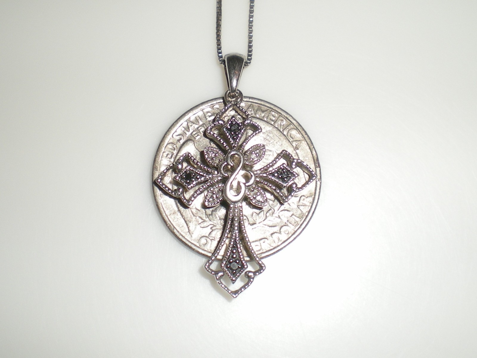 Jane Seymour SS Open Hearts Gothic CROSS 1/6ct Diamond Necklace 💎 KAY BOX 💎