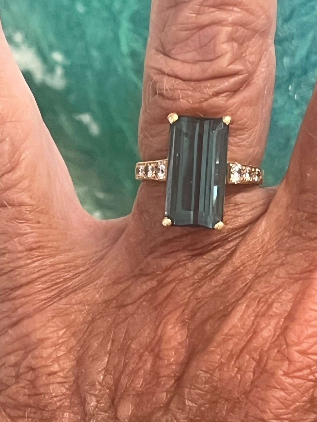 Yellow Gold Rectangle Indicolite Tourmaline with Diamond Ring Vintage