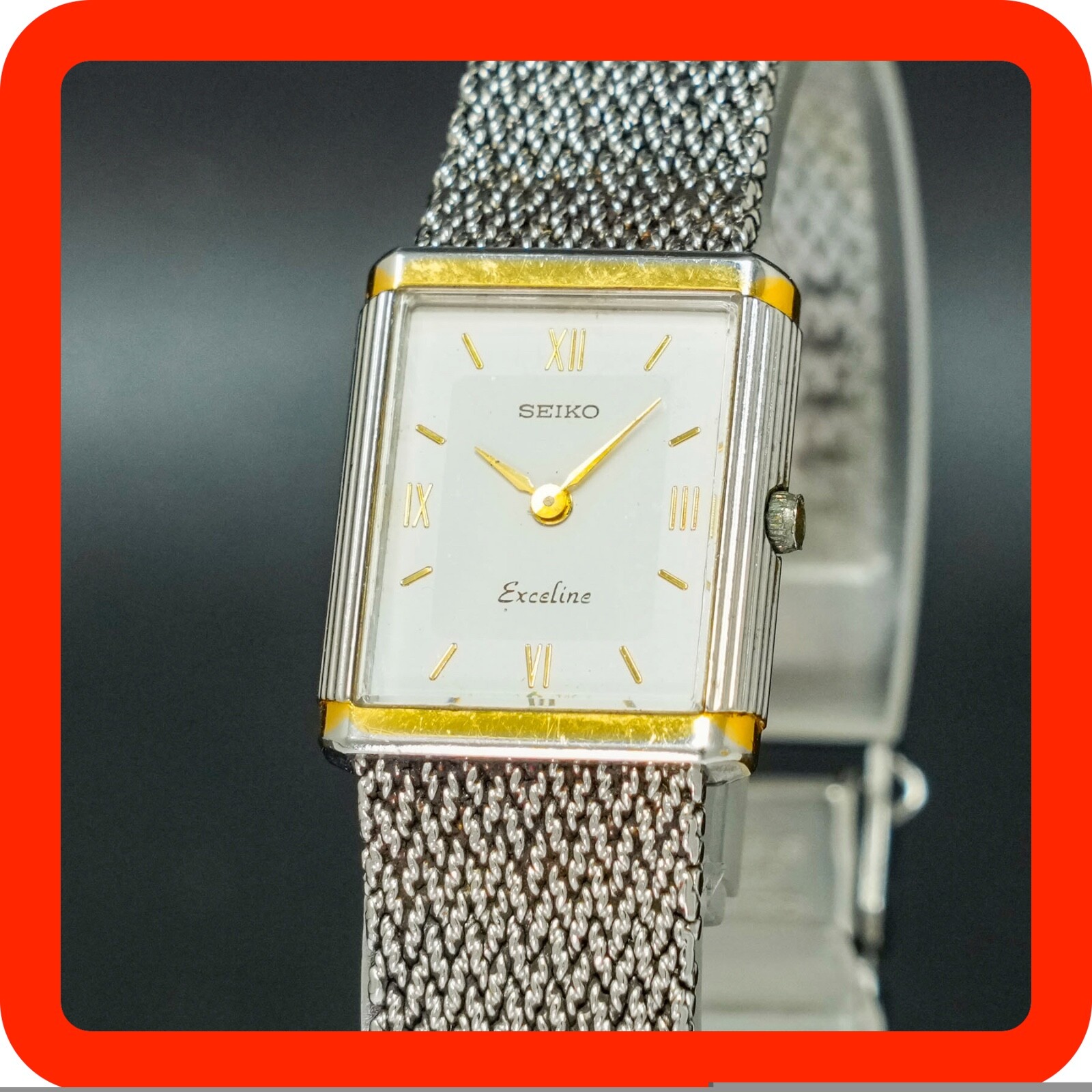 Vintage 1986 SEIKO Exceline 7320-6450 Square Silver Bracelet Women Watch