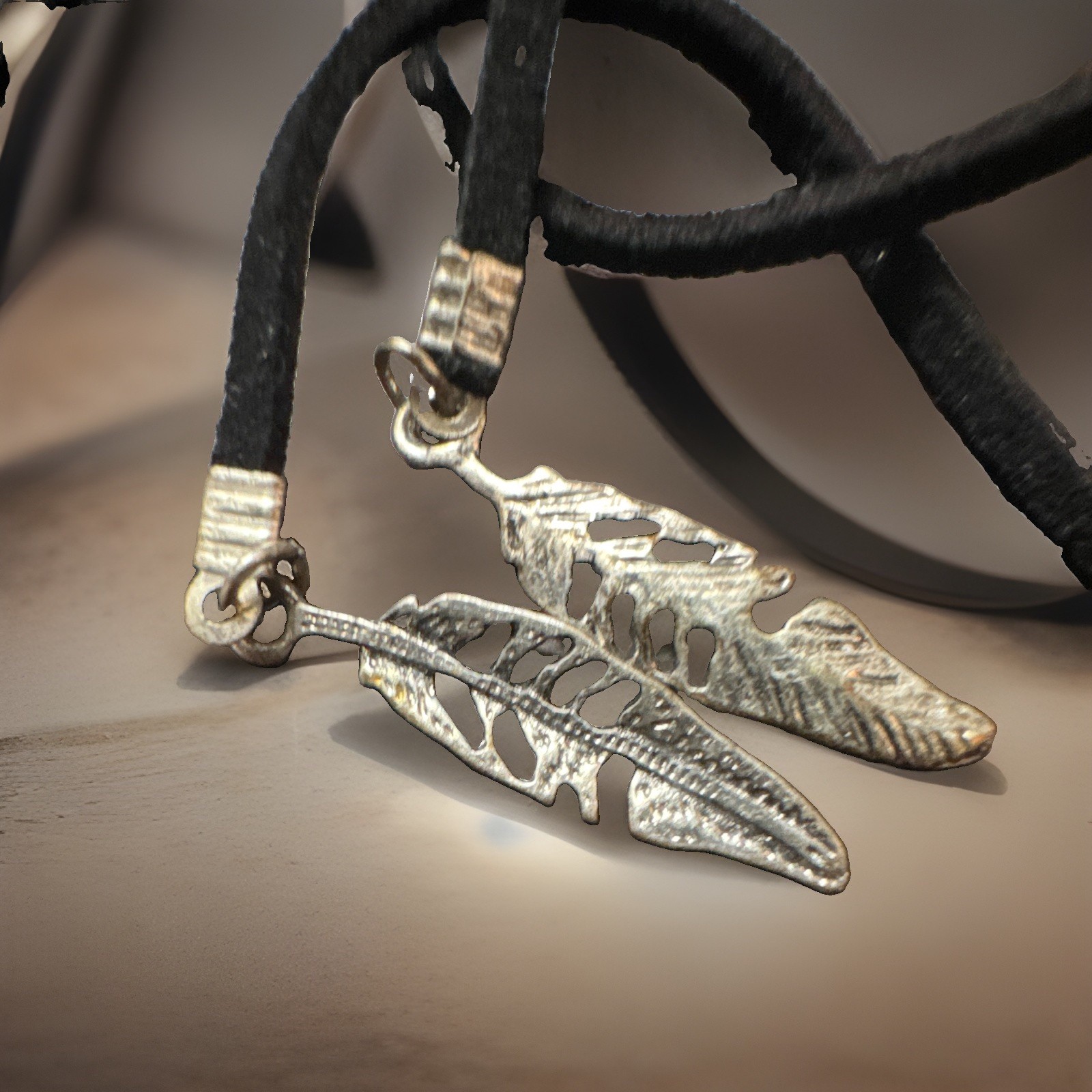 Black Cord Bohemian Necklace Silver Tone Round Charm Feather Pendants Adjustable