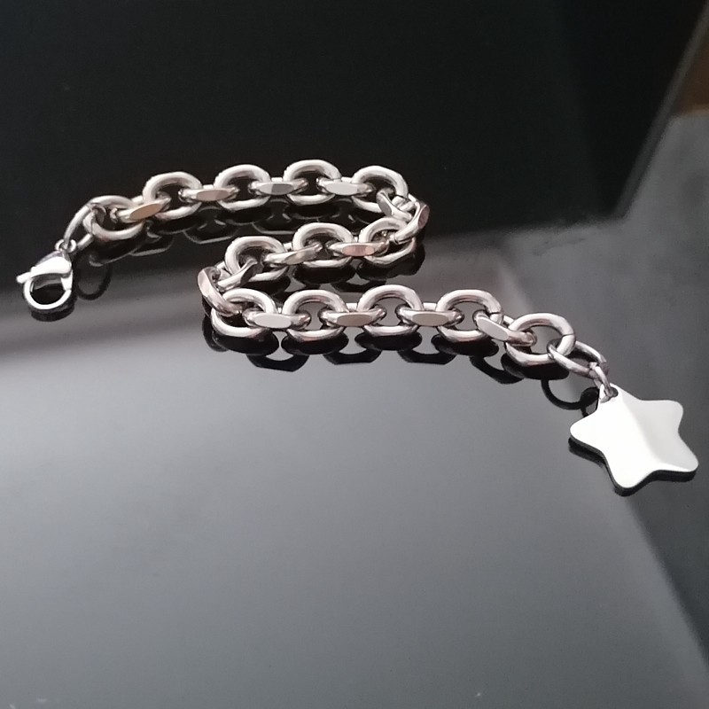 Star Stainless Steel Silver oval Chain Bangle Bracelet 17-23cm