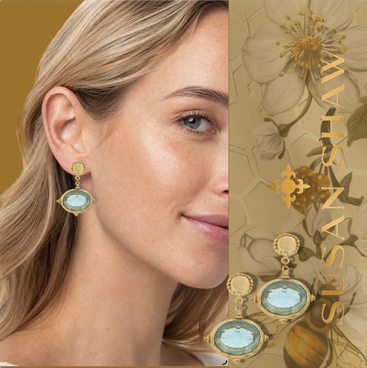 Susan Shaw Earrings Venetian Glass Intaglio Bee Cab 24K TPG Jewelry Gift