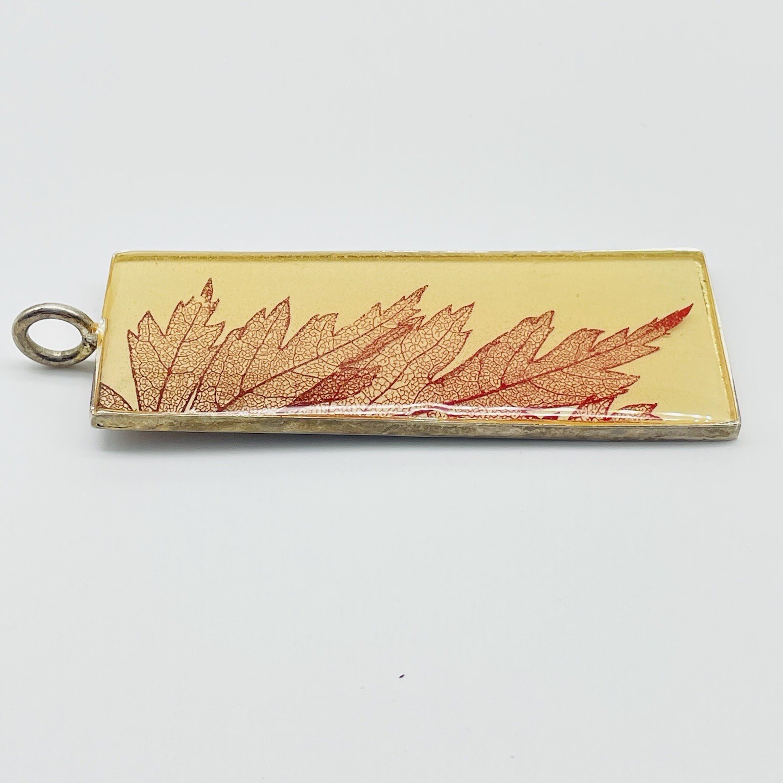Vintage Golden Enamel Leaf Pendant Silver Tone