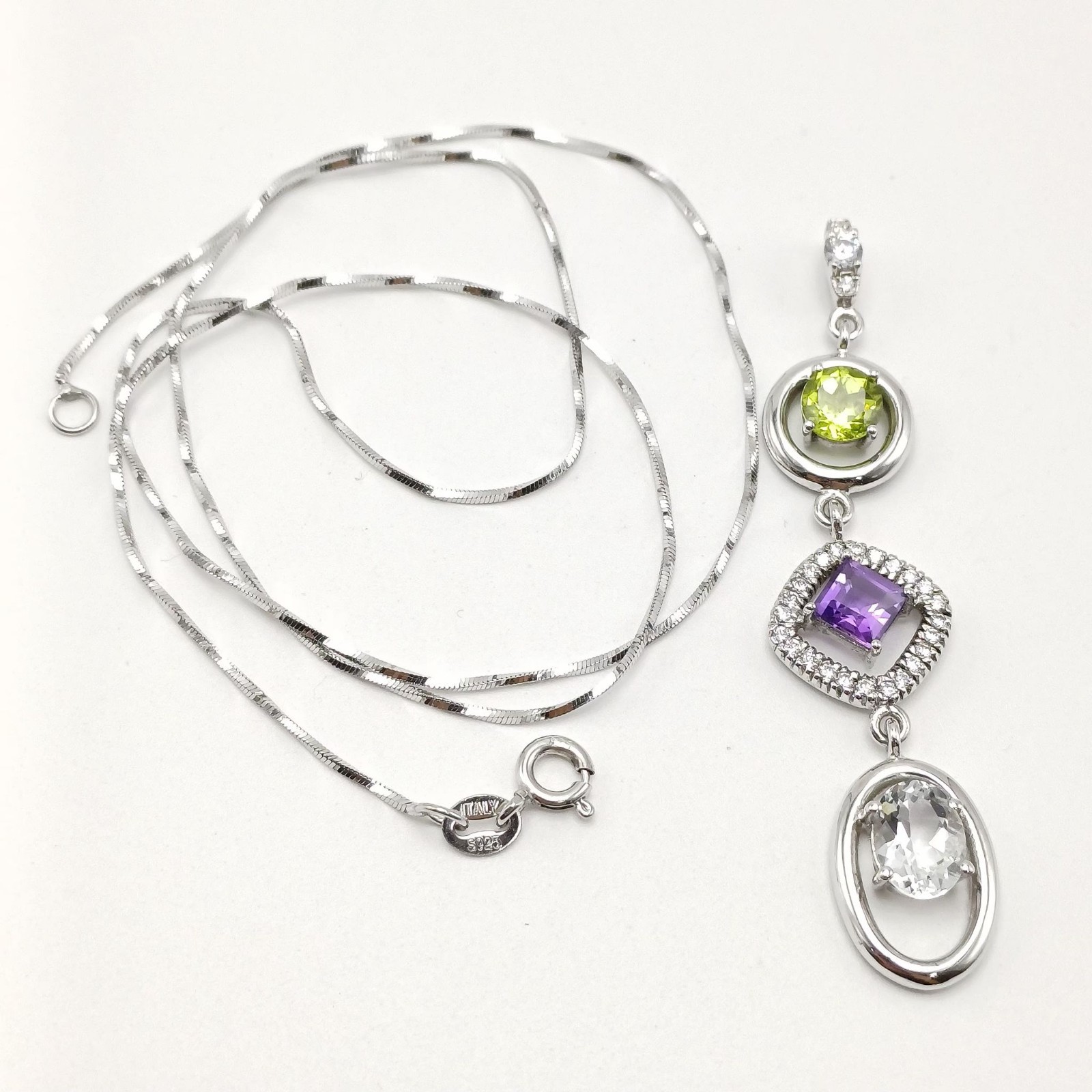 Statement 925 Sterling Silver Necklace Women Multi Stone CZ Geometric Dangle