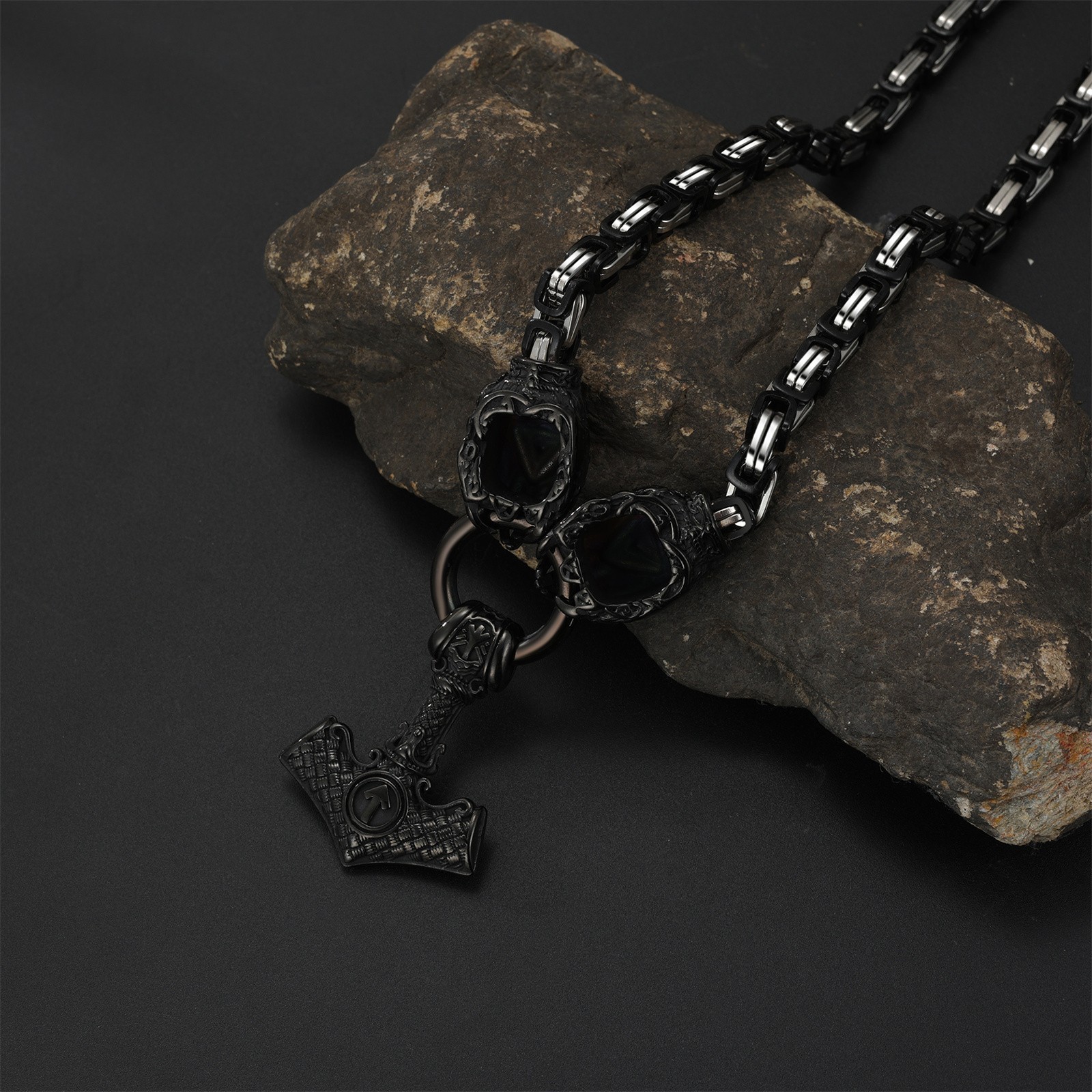 Men’s Viking Thor’s Hammer Stainless Steel Necklace Bear Claw Byzantine Chain
