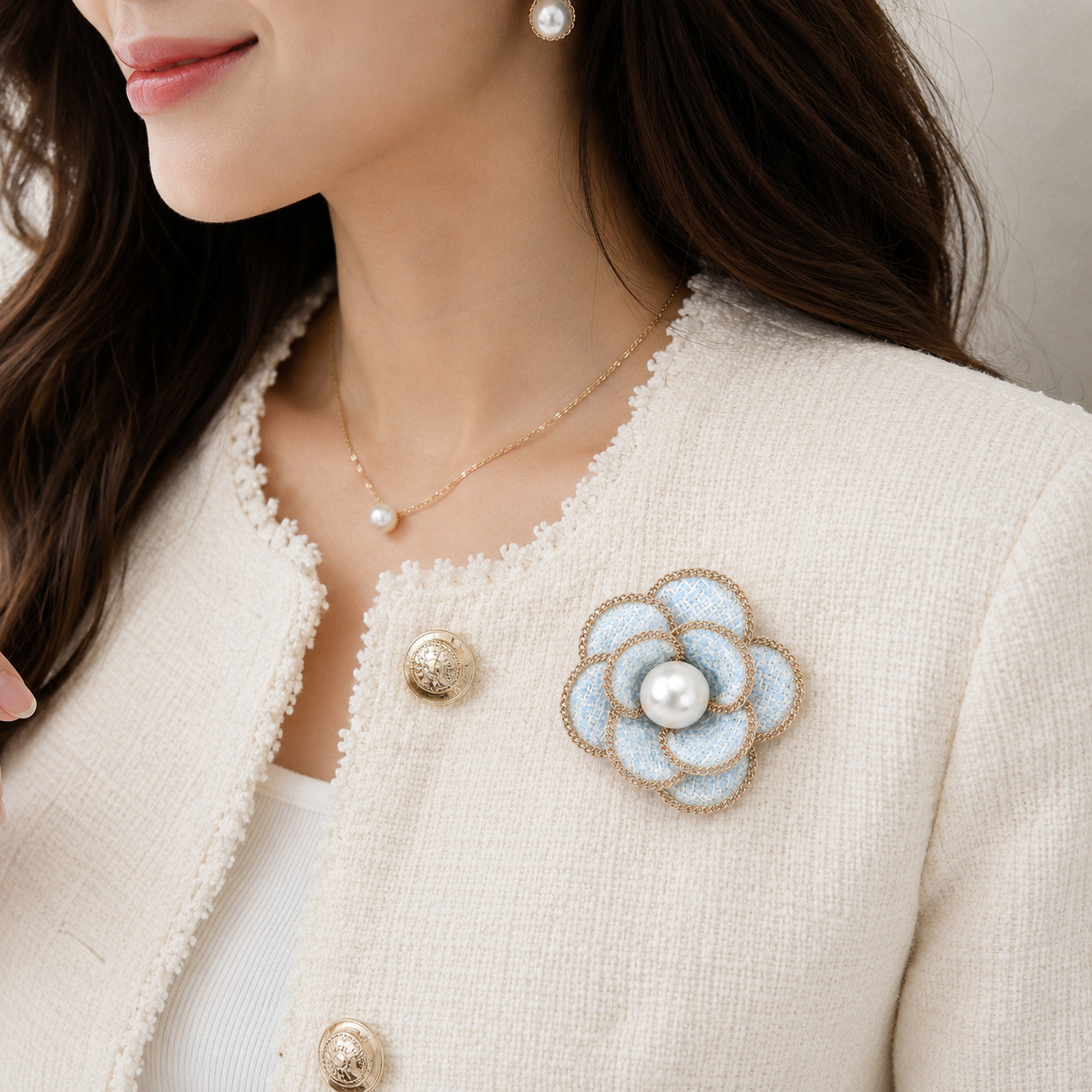 2pcs Pearl Accent Blue Tweed Flower Brooch Hair Clip Lapel Pin Women’s Gift