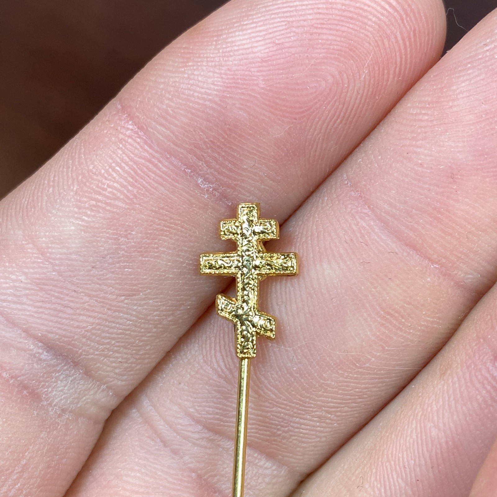 Vtg Orthodox Christian 3 Bar Cross Stick Pin Brooch Gold Tone Nice Detail 2-3/8”
