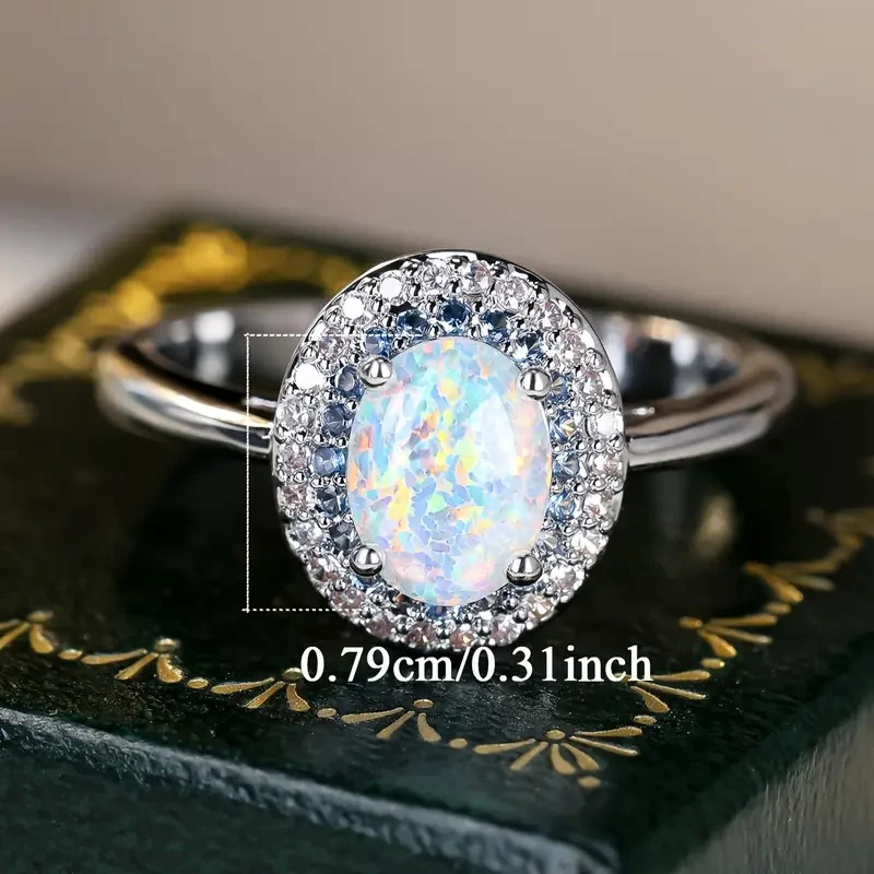 Elegant 925 Sterling Silver Fire Rainbow Opal Blue Topaz Engagement Ring Size 7