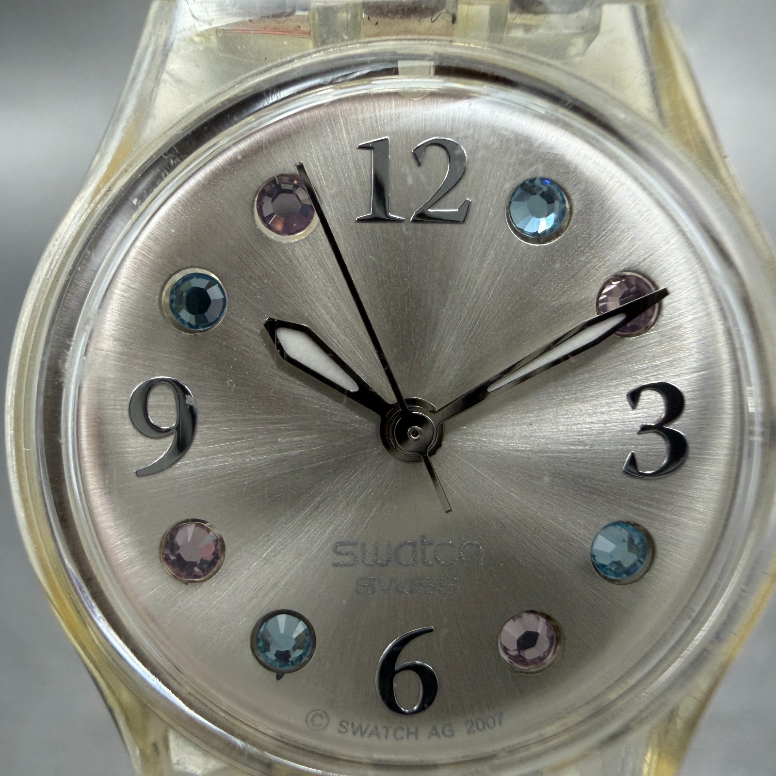 Swatch Menthol Tone Watch Women 25mm Silver Dial Clear Case LK292G New BatteryJK