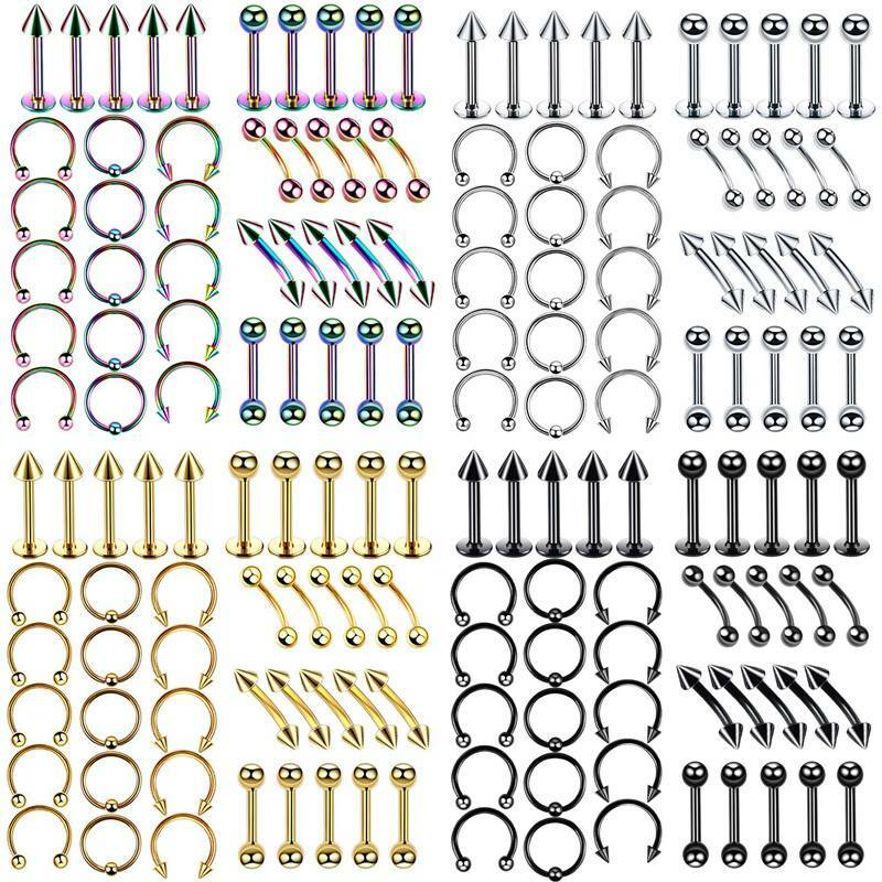 110PCS 16G Mixed Body Piercing Kit Surgical Steel Tongue Eyebrow Nose Lip Ring