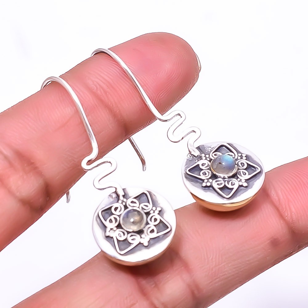 Natural Rainbow Moonstone -India 925 Sterling Silver Two Tone Earring 1.56″ E46
