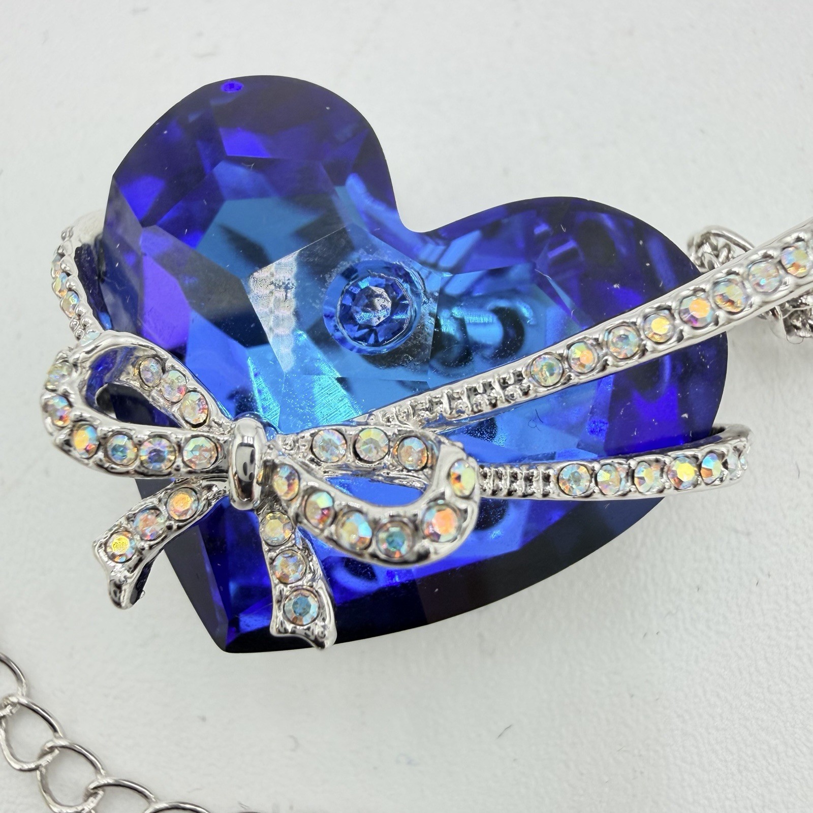 Blue Heart And Bow QIANSE Swarovski Crystals “Love You Forever” Necklace 18”