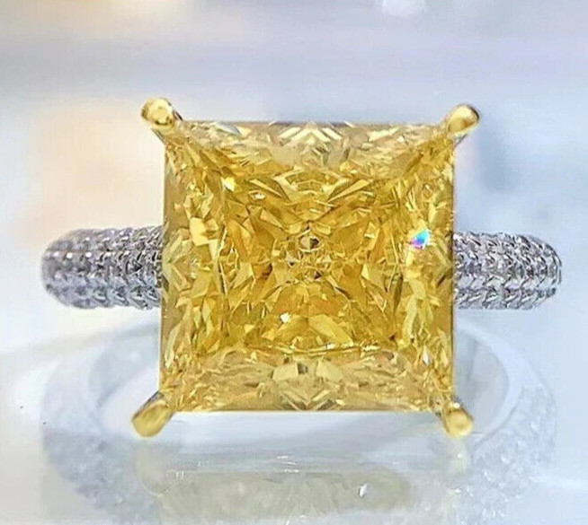 6.40 Ct Certified Princess Cut Natural Yellow Diamond Ring White Gold Finish