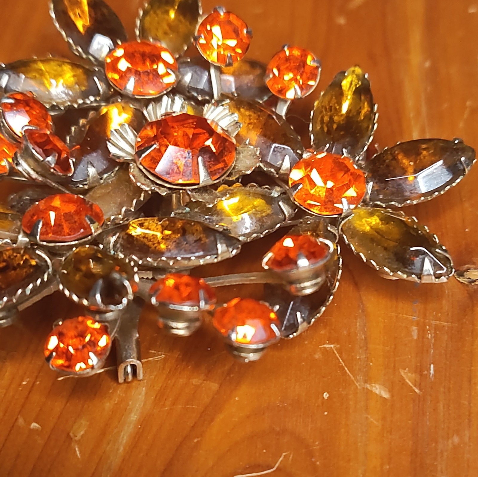 Judy Lee Flower Brooch Silver Tone Orange & Brown Round Rhinestones Prong Set