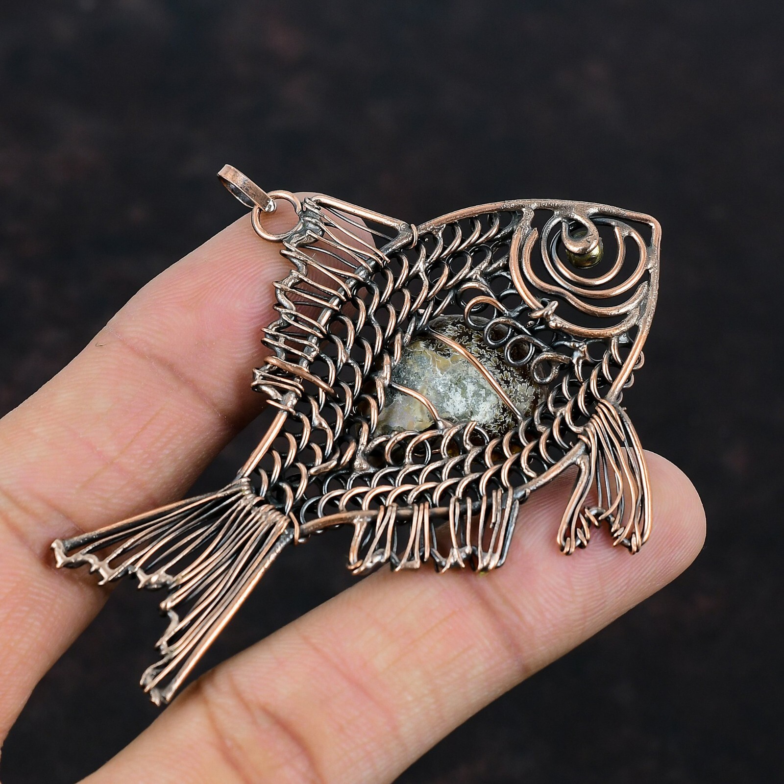 Gift For Her Ammonite Fossil Wire Wrapped Fish Pendant Copper Jewelry 2.56″