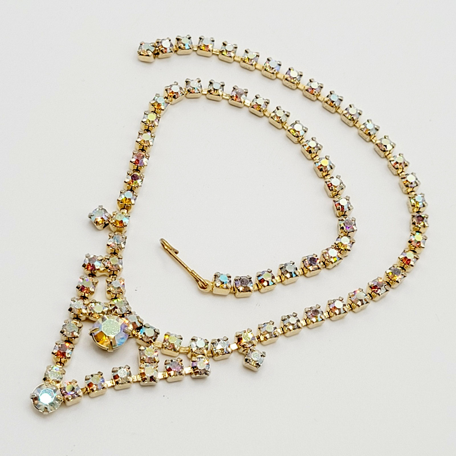 Swag or V Style Drop Choker AB Rhinestone Necklace Gold Tone Vintage 15 inch